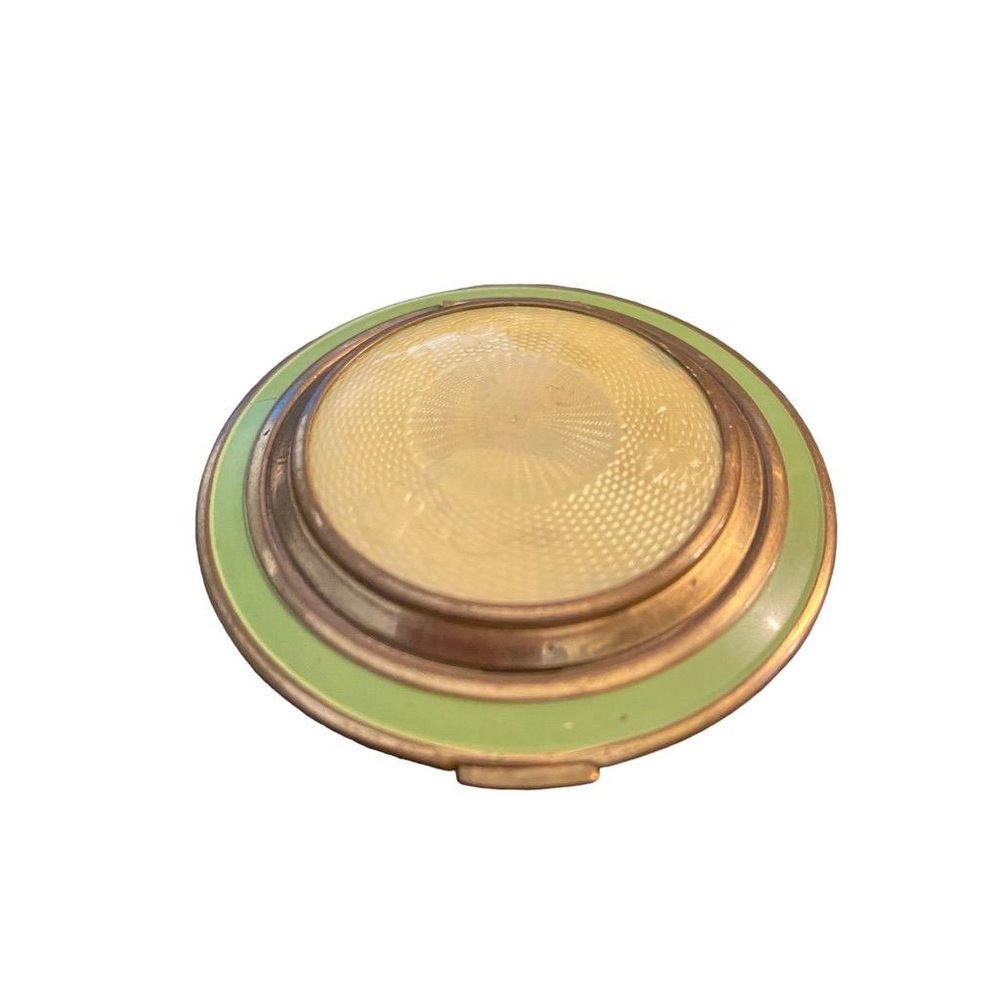 Antique Art Deco Gold Tone Green enamel and Guilloche Ladies Mirror Compact